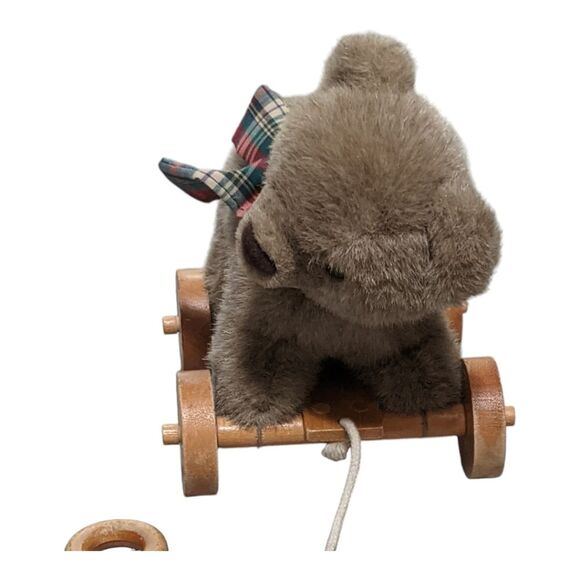 Applausse pull behind toy bear with tartan plaid scarf wheels faux fur - Picture 4 of 11